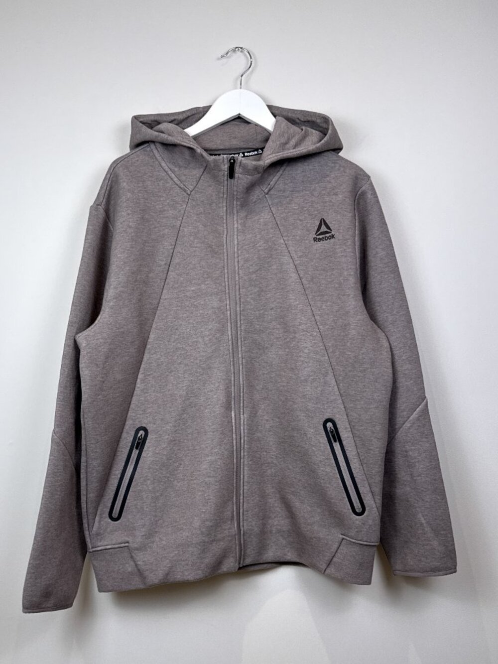 Reebok Mens L Brown Heather Momentum Tech Full Zip Hoodie Jacket Zip Pockets